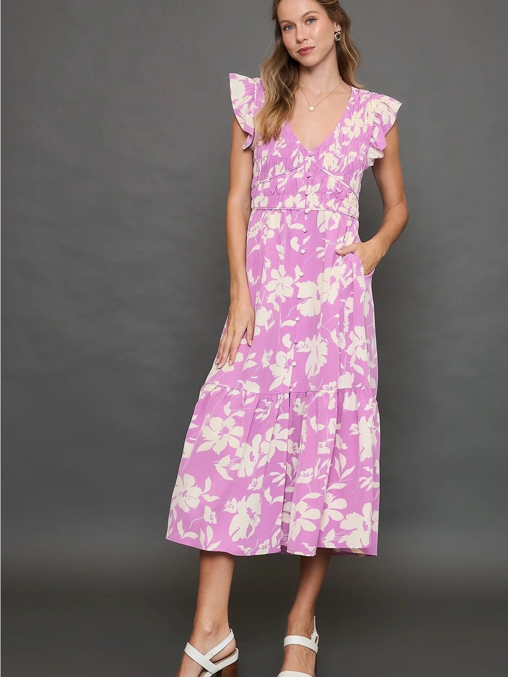 Umgee Lavender Pink Floral Smocked Maxi Dress NWT
